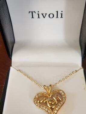 Tivoli Gold Tone MOM Heart Pendant Necklace Crystal Accents